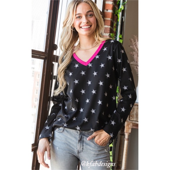❤️LAST 1! So Soft! V Neck Hot Pink Contrast Soft Faded Star Top! - Picture 4 of 12